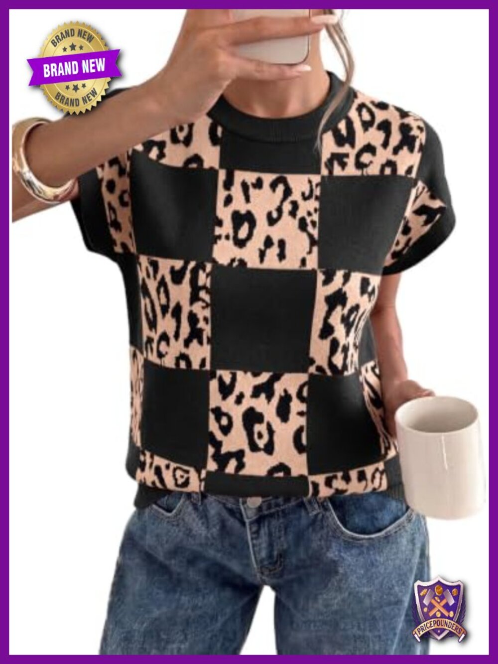 Women's Short Sleeve Sweater Vest Leopard Print Loose Fit Fall Top